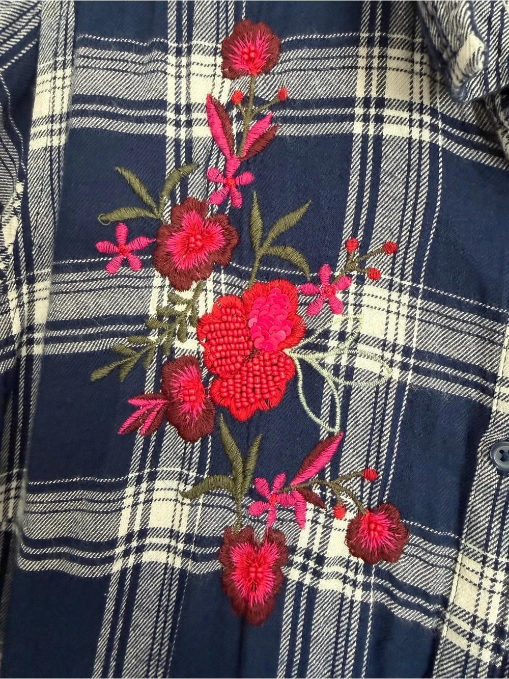Navy Plaid Long Sleeve Shirt Dress with Pink Floral Embroidery